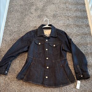 Brand new, never worn dark blue wash jean peplum lightweight jacket